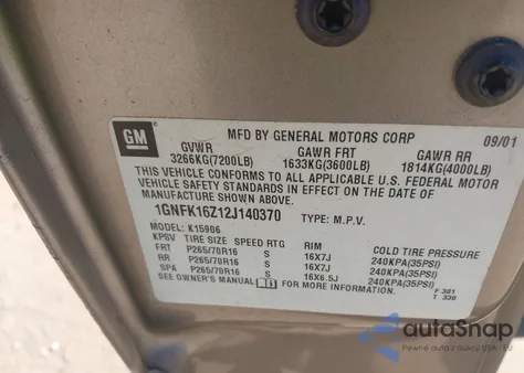 2002 Chevrolet Suburban 1500 Ls z USA, uszkodzony, nr VIN 1GNFK16Z12J140370